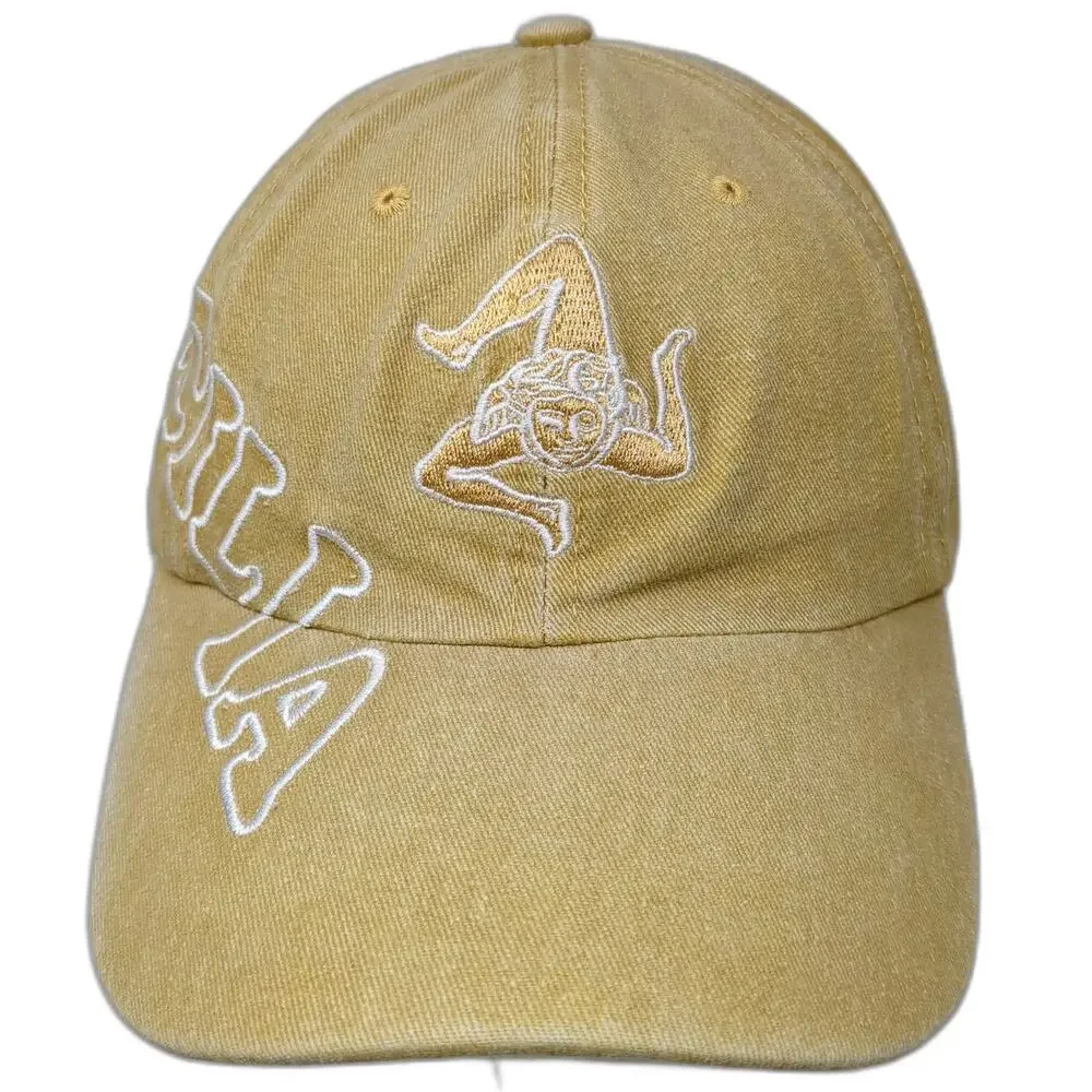 Baseball Cap Yellow One Size Sicilia Trinacria Washed Cotton Strapback Italy Hat